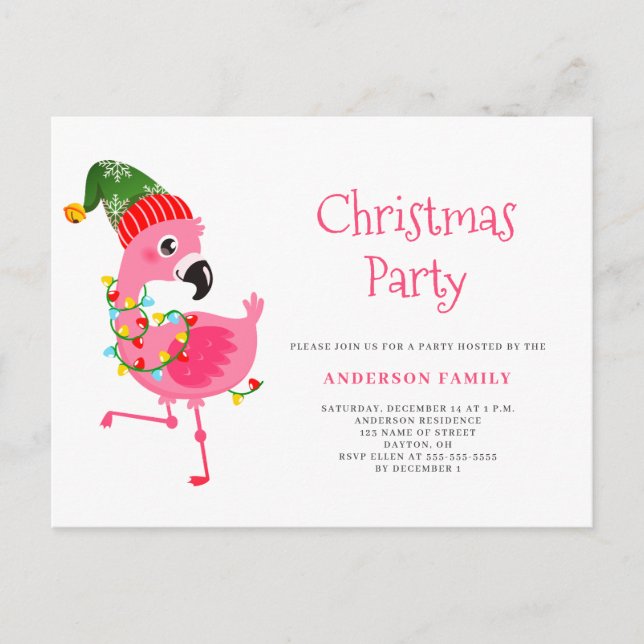 Convite de festas de Natal Tropical Rosa Flamingo (Frente)
