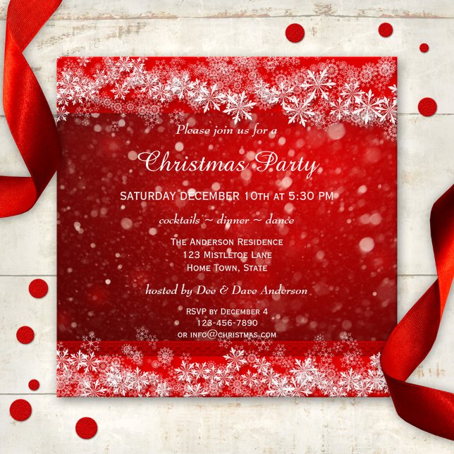 Convite de festas de Natal Vermelho Festivo (A modern Christmas party invitation in red with elegant snow crystals and snow flakes)