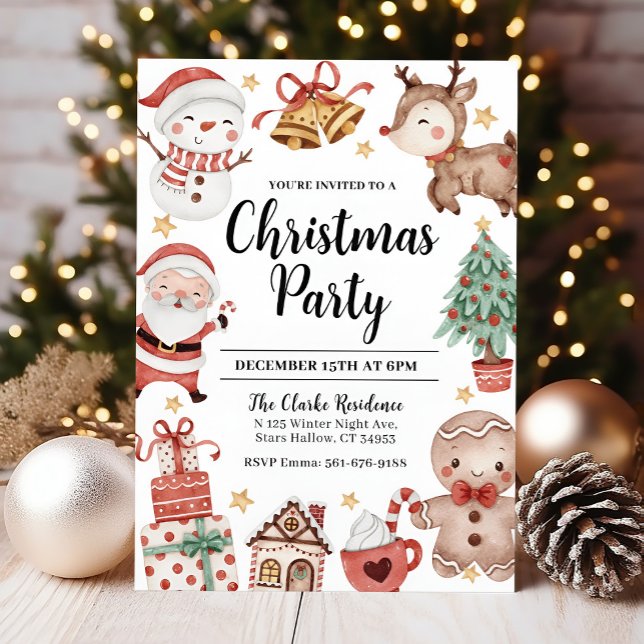 Convite de festas de Natal Watercolor (Cute Christmas Party Invitation)