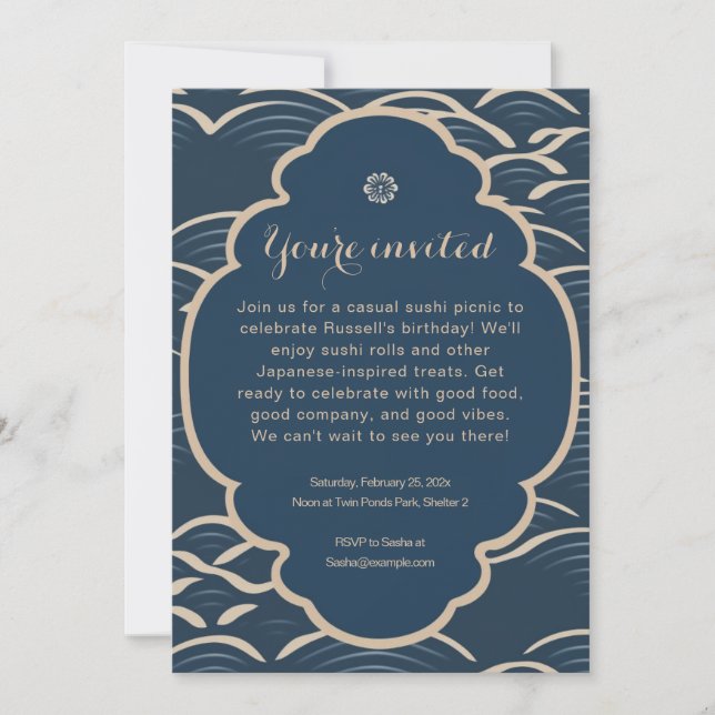 Convite de festas de onda azul inspirado no Japão (Frente)