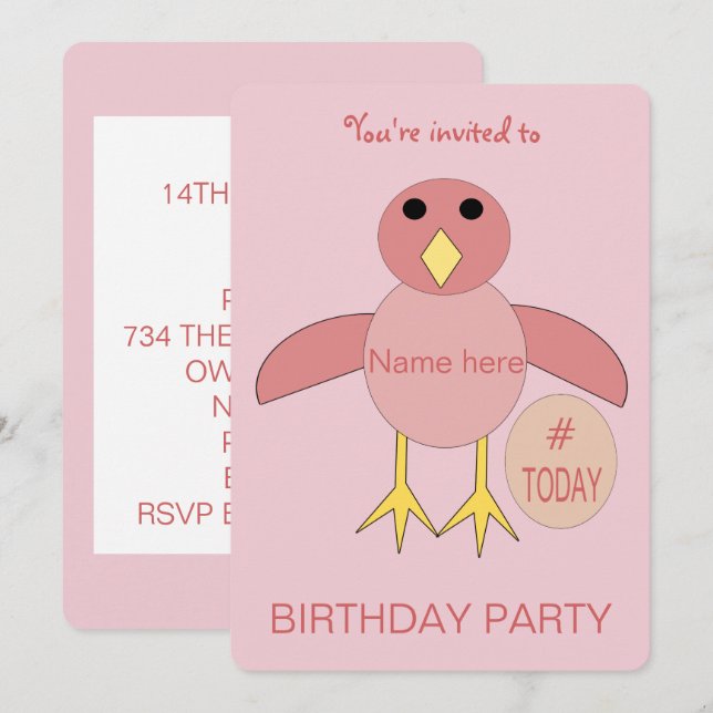 Convite de festas de Pintinho de Birthday Rosa Per (Frente/Verso)