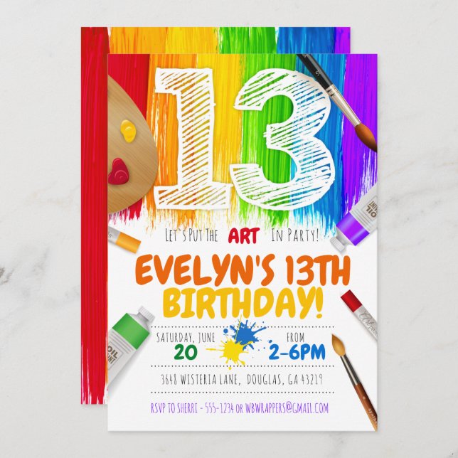 Convite de festas de pintura, Festa de aniversário (Frente/Verso)