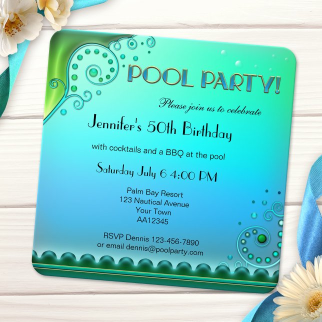 Convite de festas de Piscina Aqua Elegante (Fancy artistic teal green adult pool party invitation)