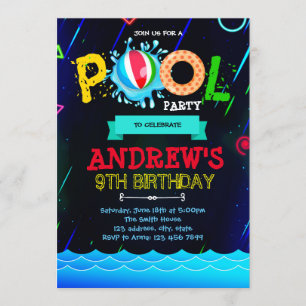 convite de festas de piscina com brilho neon