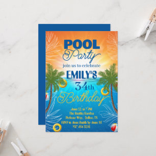 convite de festas de piscina de 34 anos