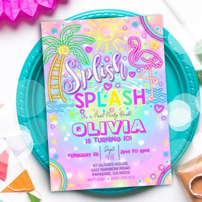 Convite de festas de Piscina de abertura de neon (Neon Splish Splash Pool Party Invitation)