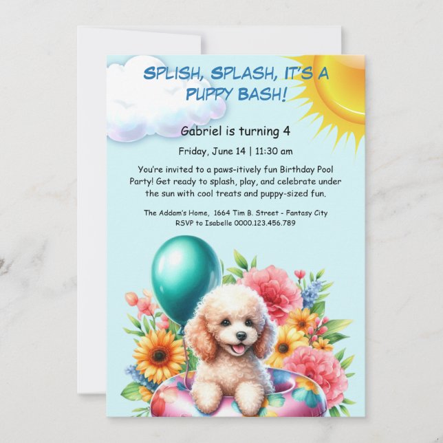 Convite de festas de Piscina de aniversário da Pup (Frente)
