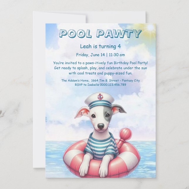 Convite de festas de Piscina de aniversário da Pup (Frente)
