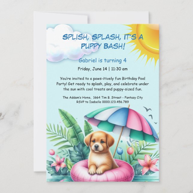Convite de festas de Piscina de aniversário da Pup (Frente)