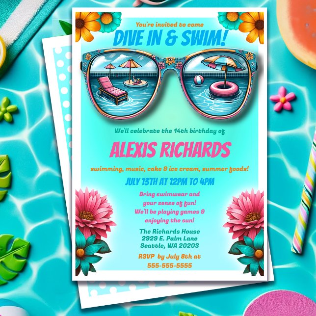 Convite de festas de Piscina de Aniversário do Blu (Blue Summer Splash Birthday Pool Party Invitation)