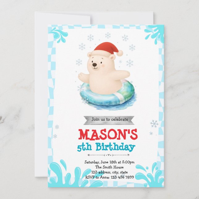 Convite de festas de piscina de inverno com urso p (Frente)