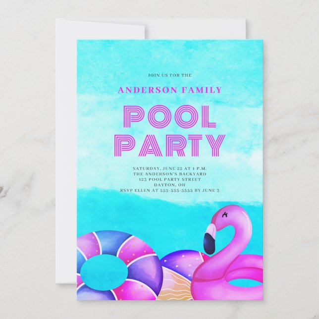 Convite de festas de Piscina rosa (Frente)
