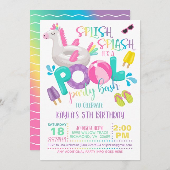Convite de festas de Piscina Unicorn (Frente/Verso)