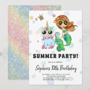 Convite de festas de Piscina Unicorn e Mermaid