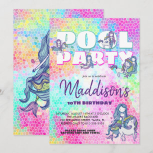 Convite de festas de Piscina Unicorn e Mermaid
