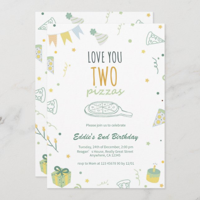 Convite de festas de pizza segundo aniversário azu (Frente/Verso)