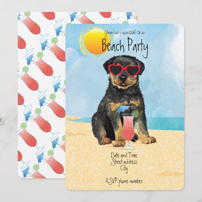 Convite de festas de praia Summer Rottweiler (Frente/Verso)