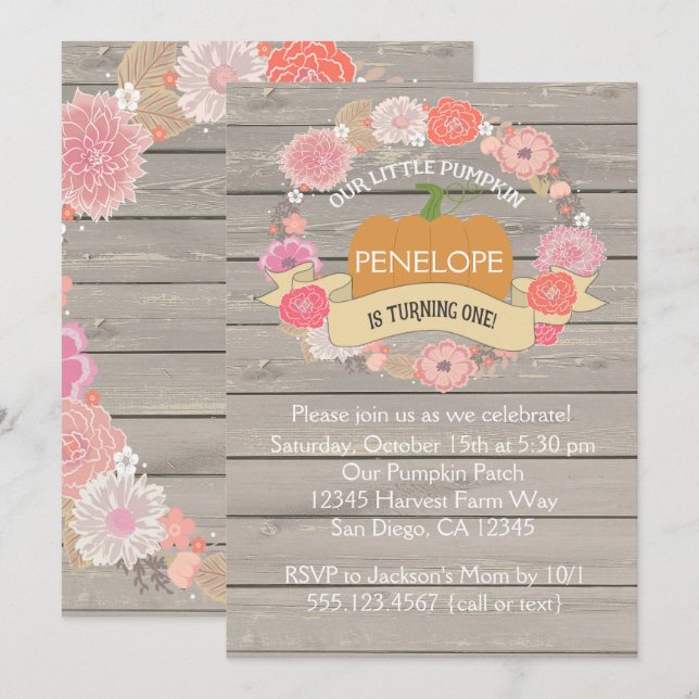 Convite de festas de primeiro aniversario cor-de-r (Frente/Verso)