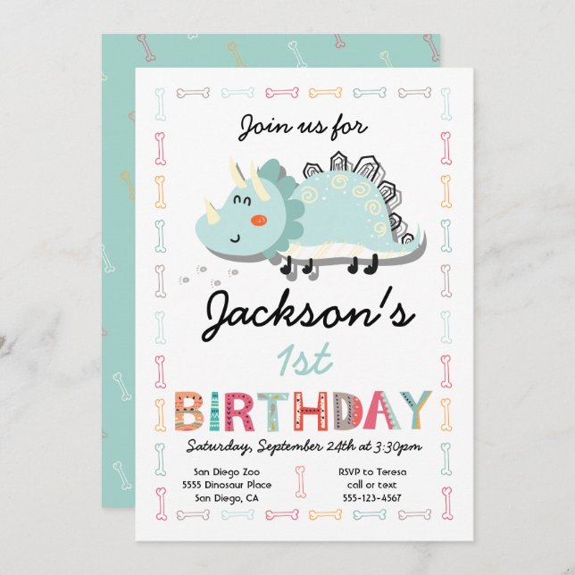 Convite de festas de primeiro aniversario de Dinos (Frente/Verso)