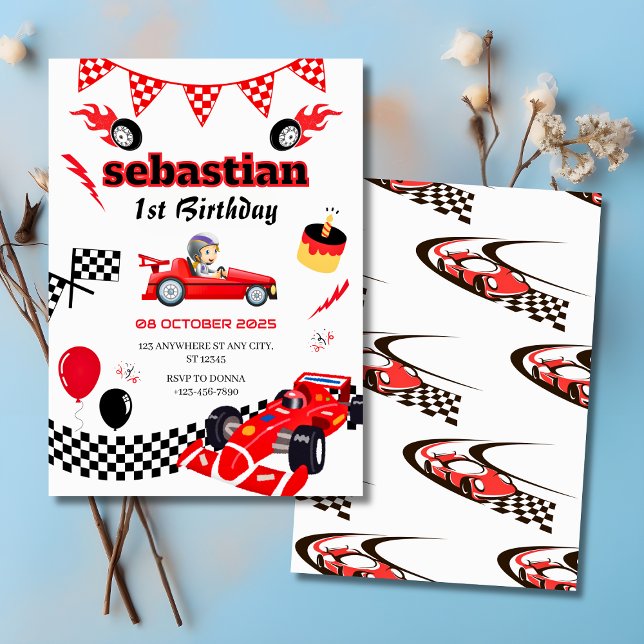 Convite de festas de primeiro aniversario de Race  (Race Car Themed 1st Birthday Party Invitation
)