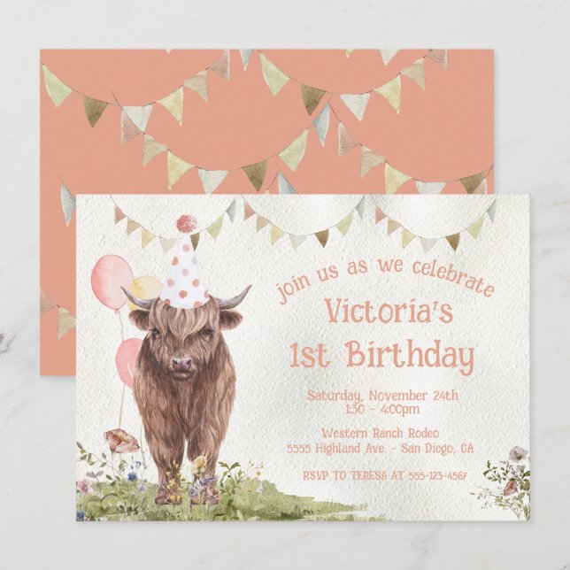 Convite de festas de primeiro aniversario de Vaca  (Frente/Verso)