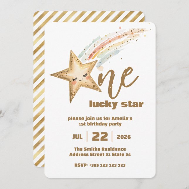 Convite de festas de primeiro aniversario Dourado  (Frente/Verso)