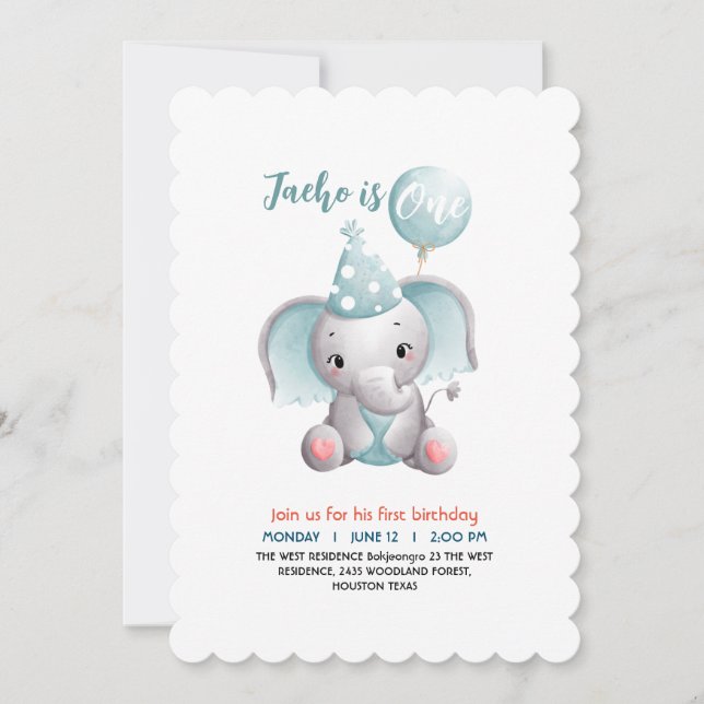 Convite de festas de primeiro aniversario Elefante (Frente)