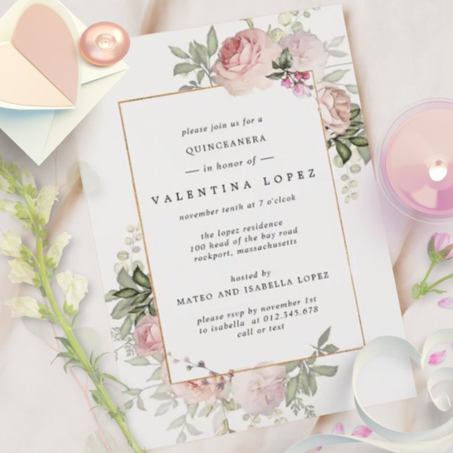 Convite de festas de Quinceanera Floral Cor-de-Ros (Criador carregado)