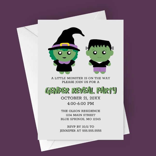 Convite de festas de Revisão de Gênero do Monstro  (Witch or Monster Halloween Gender Reveal Party Invitation)