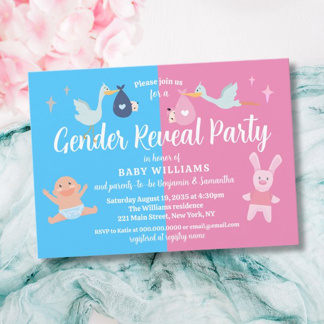 Convite de festas de Revisões do Gênero Azul Cor-d (Pink Blue Modern Gender Reveal Party Invitation
)