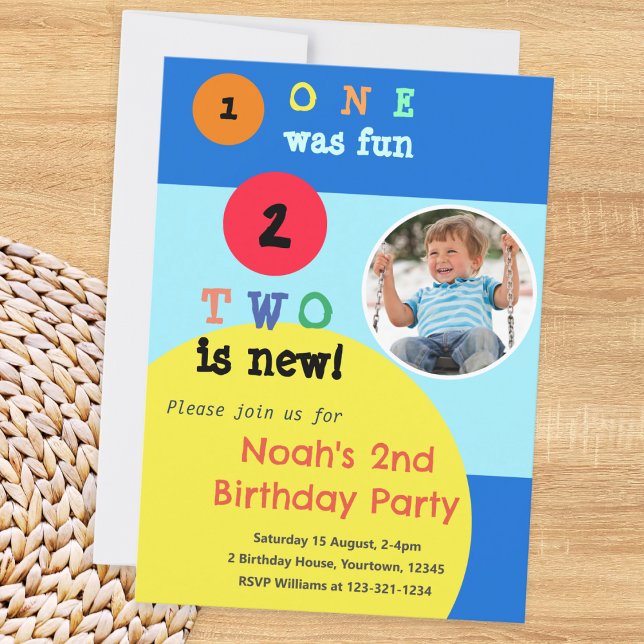 Convite de festas de segundo aniversário de Fotogr (A colorful invitation to a 2nd birthday party. Personalize with a photo and details of the event)