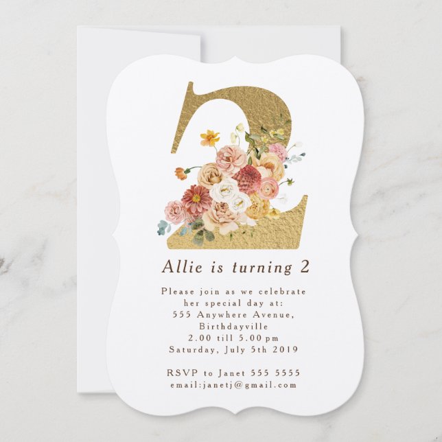 Convite de festas de segundo aniversário Floral Do (Frente)