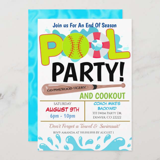 Convite de festas de Softball de Piscina de Verão (Frente/Verso)