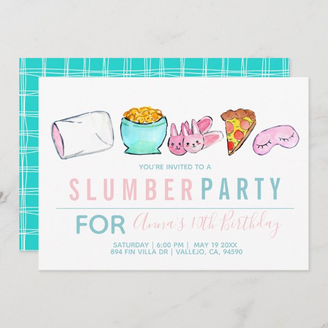 Convite de festas de soneca de menina azul (Frente/Verso)