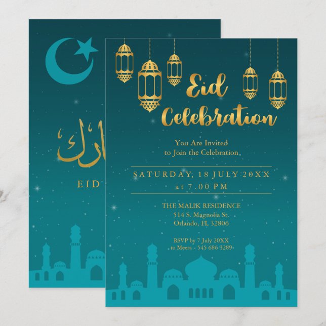 Convite de festas de Starry Night Eid Mubarak (Frente/Verso)