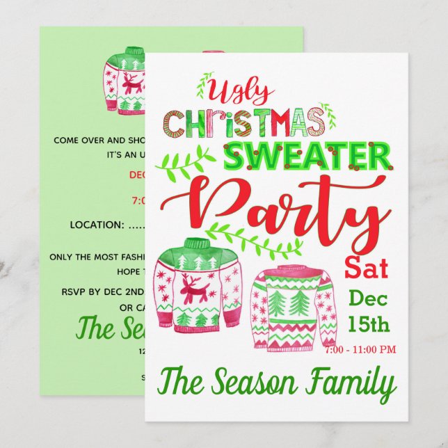 Convite de festas de Suéter de Natal Feio (Frente/Verso)