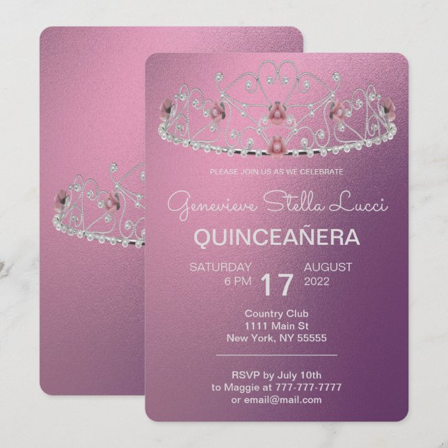 Convite de festas de Tiara Quinceañera (Frente/Verso)