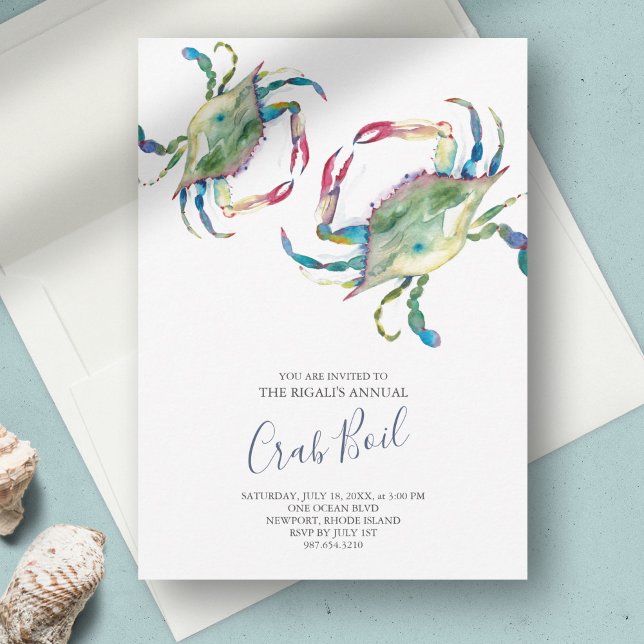 Convite de festas de Verão do Crab Boil (low country boil invitations watercolor blue crab art by Victoria Grigaliunas Do Tell A Belle)