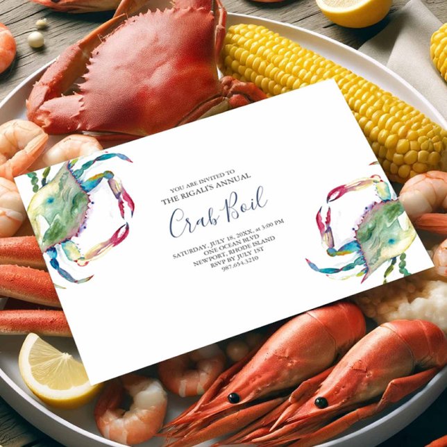 Convite de festas de Verão do Crab Boil (Seafood invitations feature watercolor blue crab art by Victoria Grigaliunas of Do Tell A Belle)