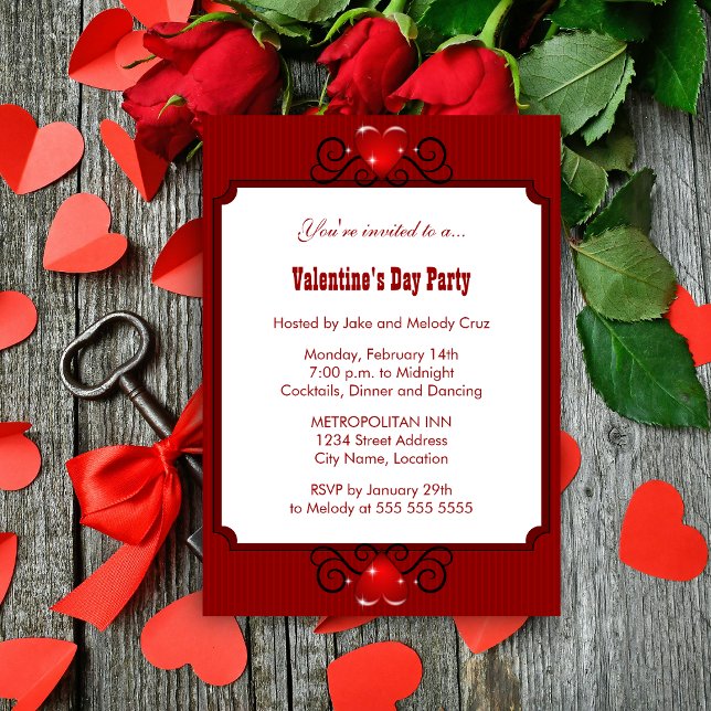 Convite de festas dia de os namorados (Valentine's Day party invitation front view.)