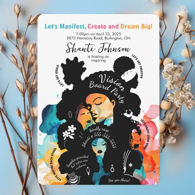 Convite de festas do Conselho Vision (Bold, colorful vision board party invitation celebrating unity and empowerment.)