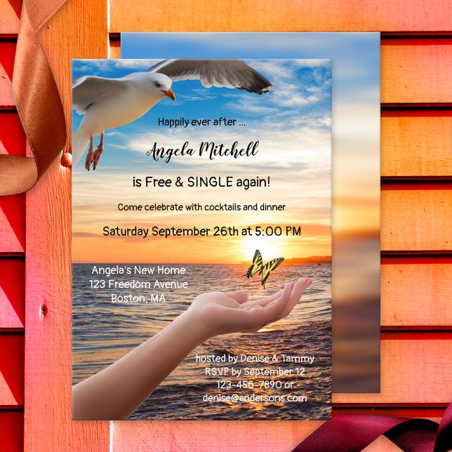 Convite de festas do Divórcio de Liberdade da Borb (Divorce party invitation featuring a butterfly, beach and the ultimate symbol of freedom: a seagull)
