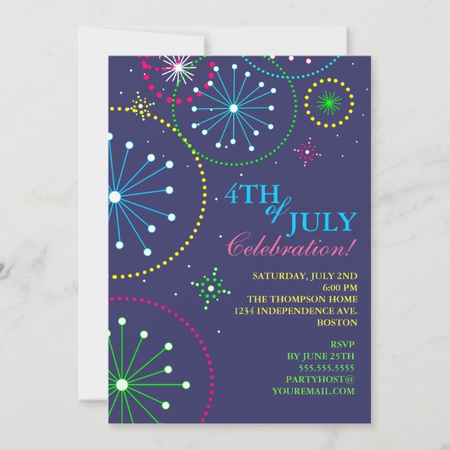 Convite de festas do Fireworks em 4 de julho (Frente)