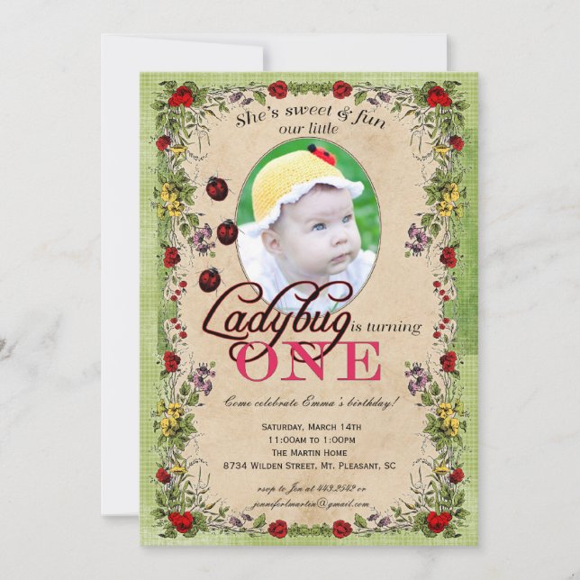 Convite de festas do joaninha - foto, bebê de um (Frente)