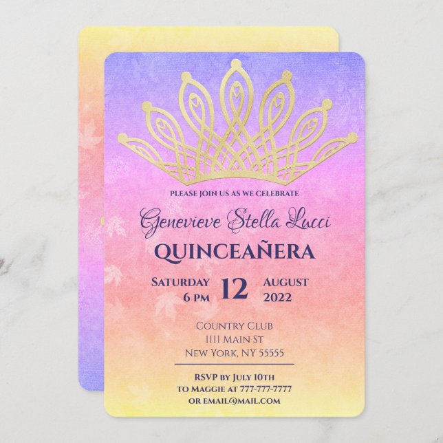 Convite de festas Dourado Tiara Quinceañera (Frente/Verso)
