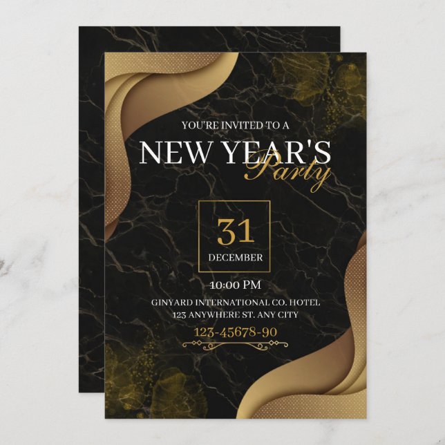 Convite de festas Elegante Dourado de Ano Novo (Frente/Verso)