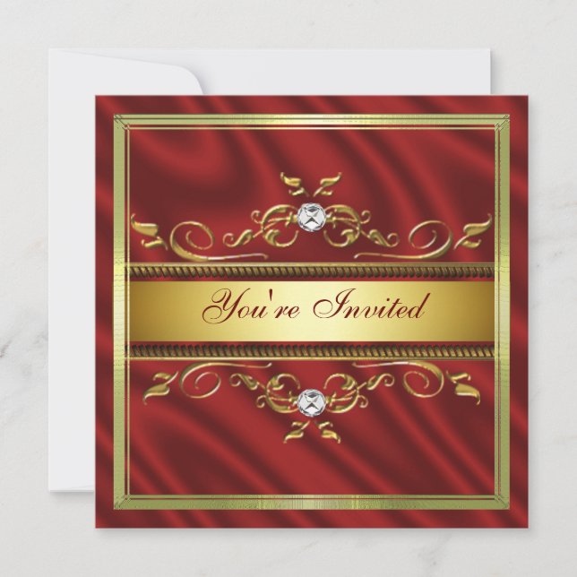 Convite de festas Elegante Dourado de Seda Vermelh (Frente)