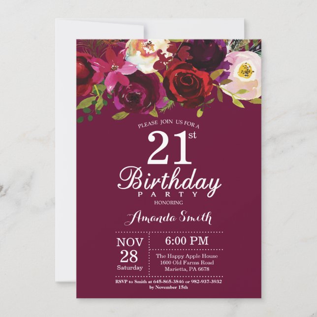 Convite de festas floral do aniversário de 21 anos (Frente)
