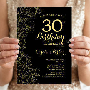 Convite de festas Floral Dourado preto