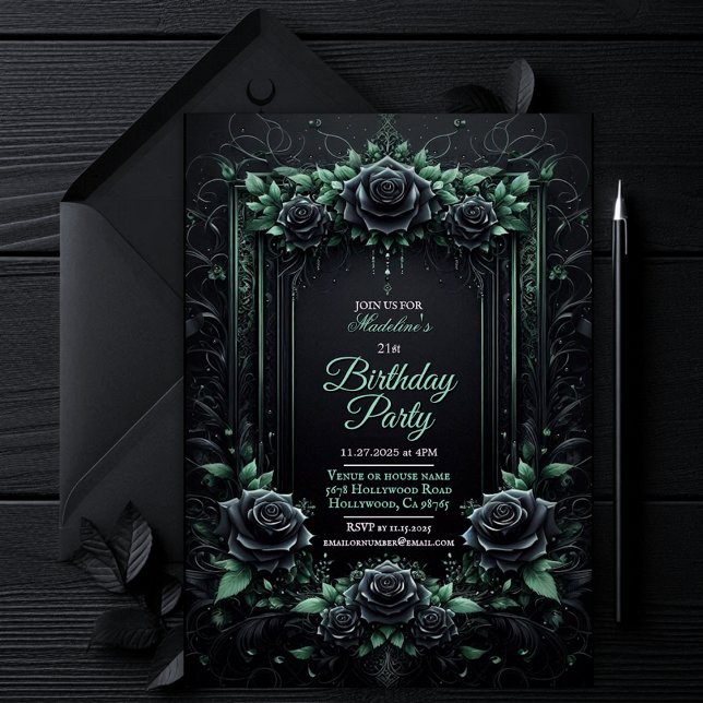 Convite de festas Floral Negro e Verde Elegante (gothic dark moody invitation, green and black floral roses invite, dark fantasy wedding bridal party)